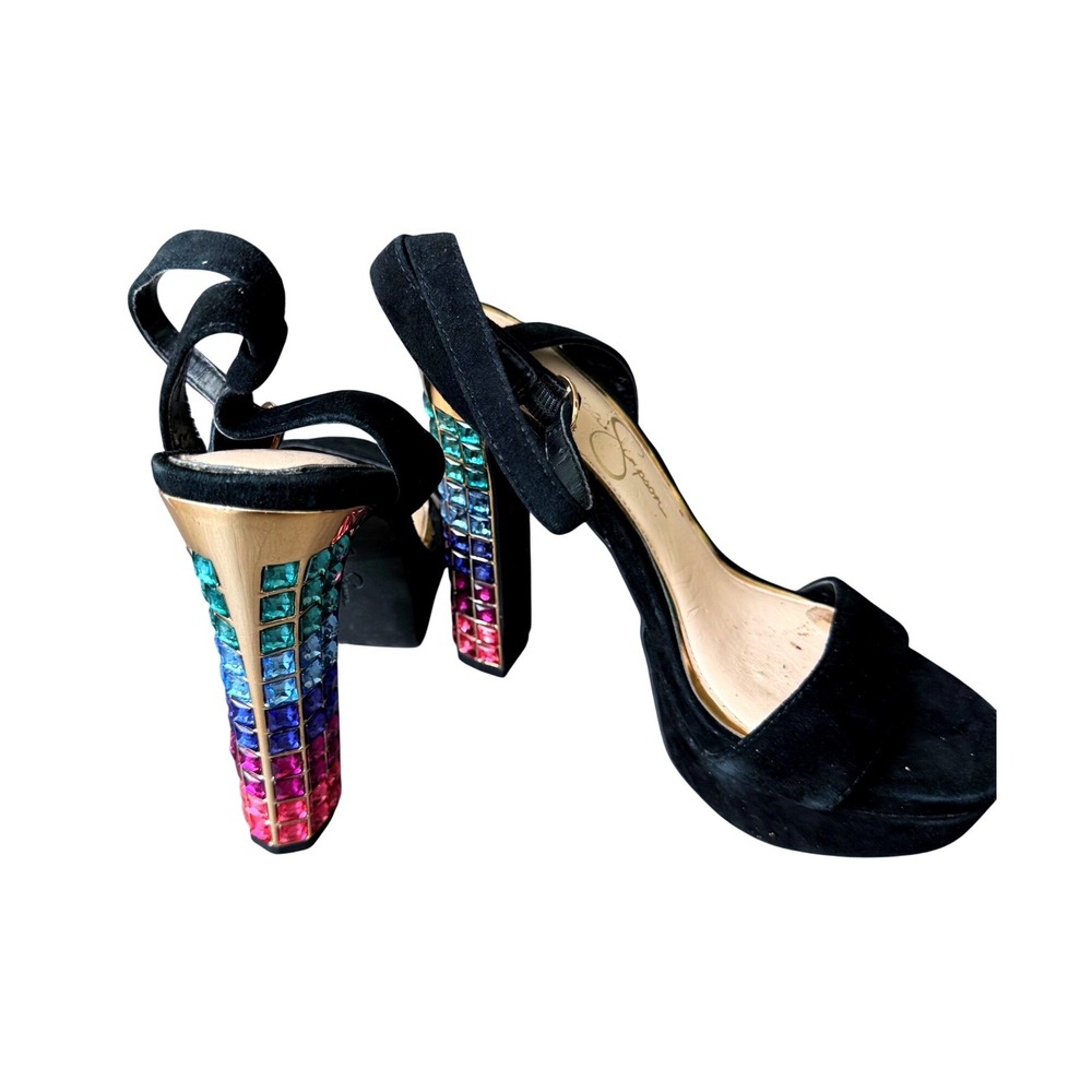 Y2K Jessica Simpson Platform Sandals Rainbow Rhinestone Jewels Block Heel Shoe 9